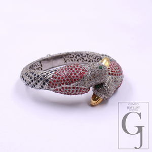 Luxury Parrot Cuff Bracelet, Ruby Diamond Bird Bangle, Exotic Animal Jewelry, Statement Hinged Bracelet Gift for Women