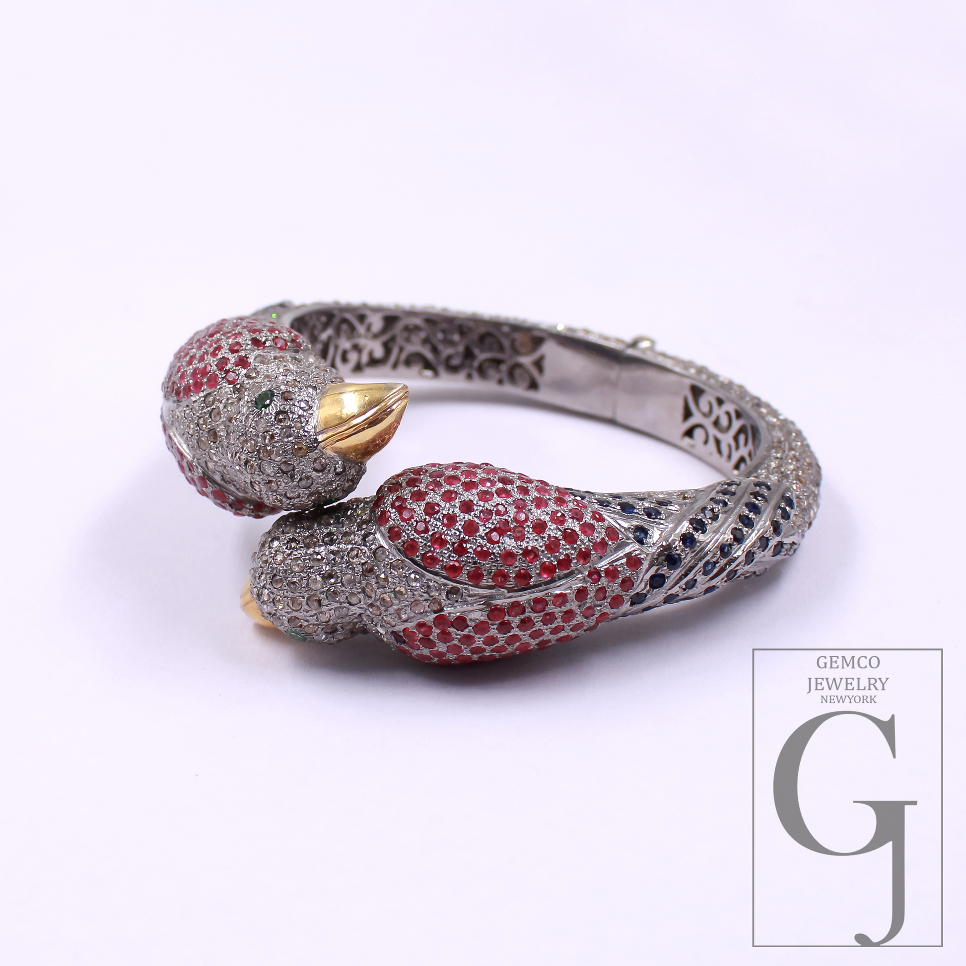 Luxury Parrot Cuff Bracelet, Ruby Diamond Bird Bangle, Exotic Animal Jewelry, Statement Hinged Bracelet Gift for Women