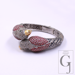 Luxury Parrot Cuff Bracelet, Ruby Diamond Bird Bangle, Exotic Animal Jewelry, Statement Hinged Bracelet Gift for Women