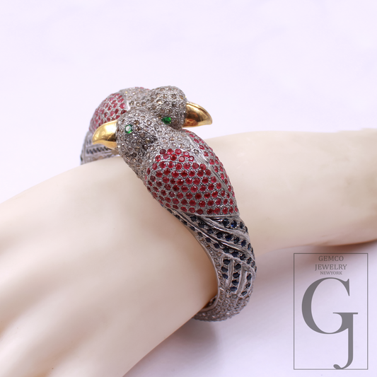 Luxury Parrot Cuff Bracelet, Ruby Diamond Bird Bangle, Exotic Animal Jewelry, Statement Hinged Bracelet Gift for Women