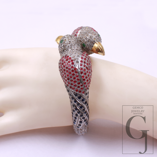 Luxury Parrot Cuff Bracelet, Ruby Diamond Bird Bangle, Exotic Animal Jewelry, Statement Hinged Bracelet Gift for Women