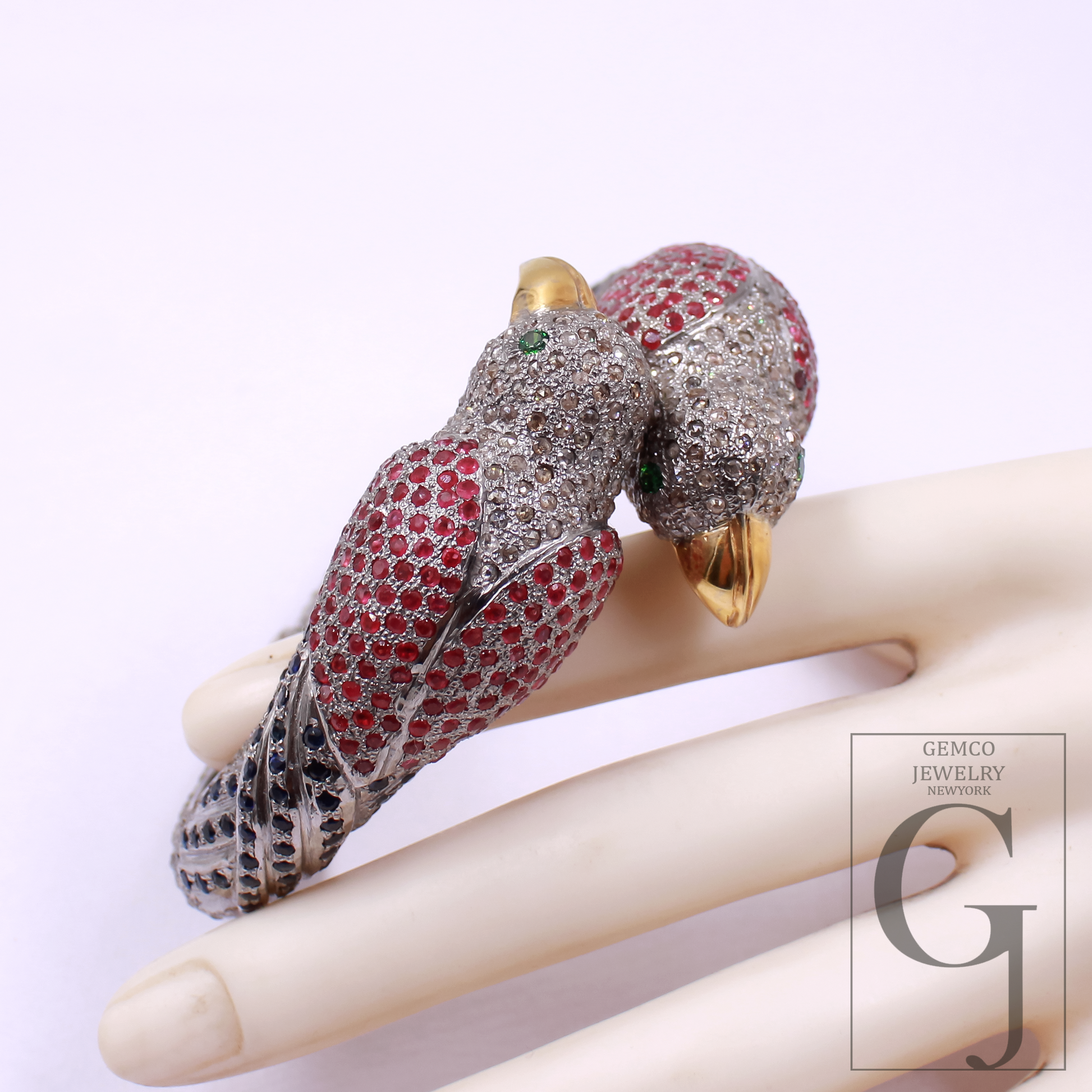 Luxury Parrot Cuff Bracelet, Ruby Diamond Bird Bangle, Exotic Animal Jewelry, Statement Hinged Bracelet Gift for Women