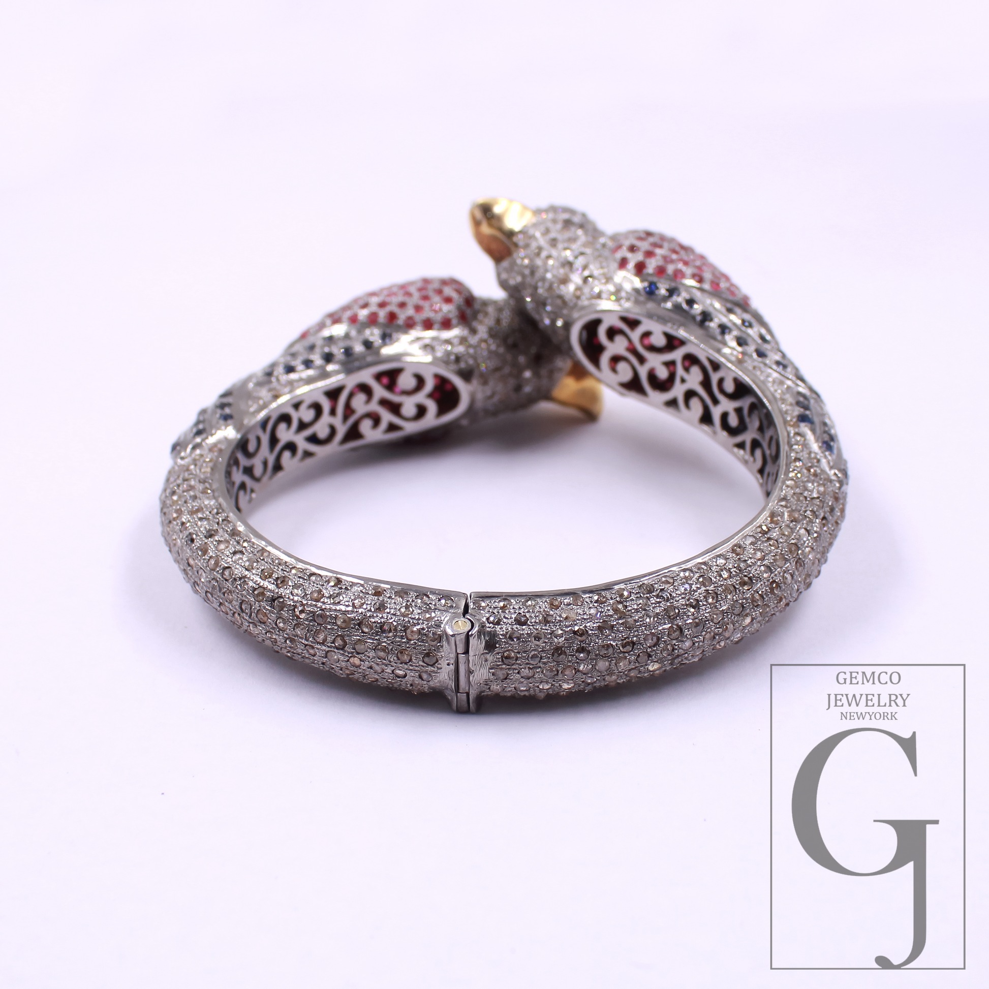 Luxury Parrot Cuff Bracelet, Ruby Diamond Bird Bangle, Exotic Animal Jewelry, Statement Hinged Bracelet Gift for Women