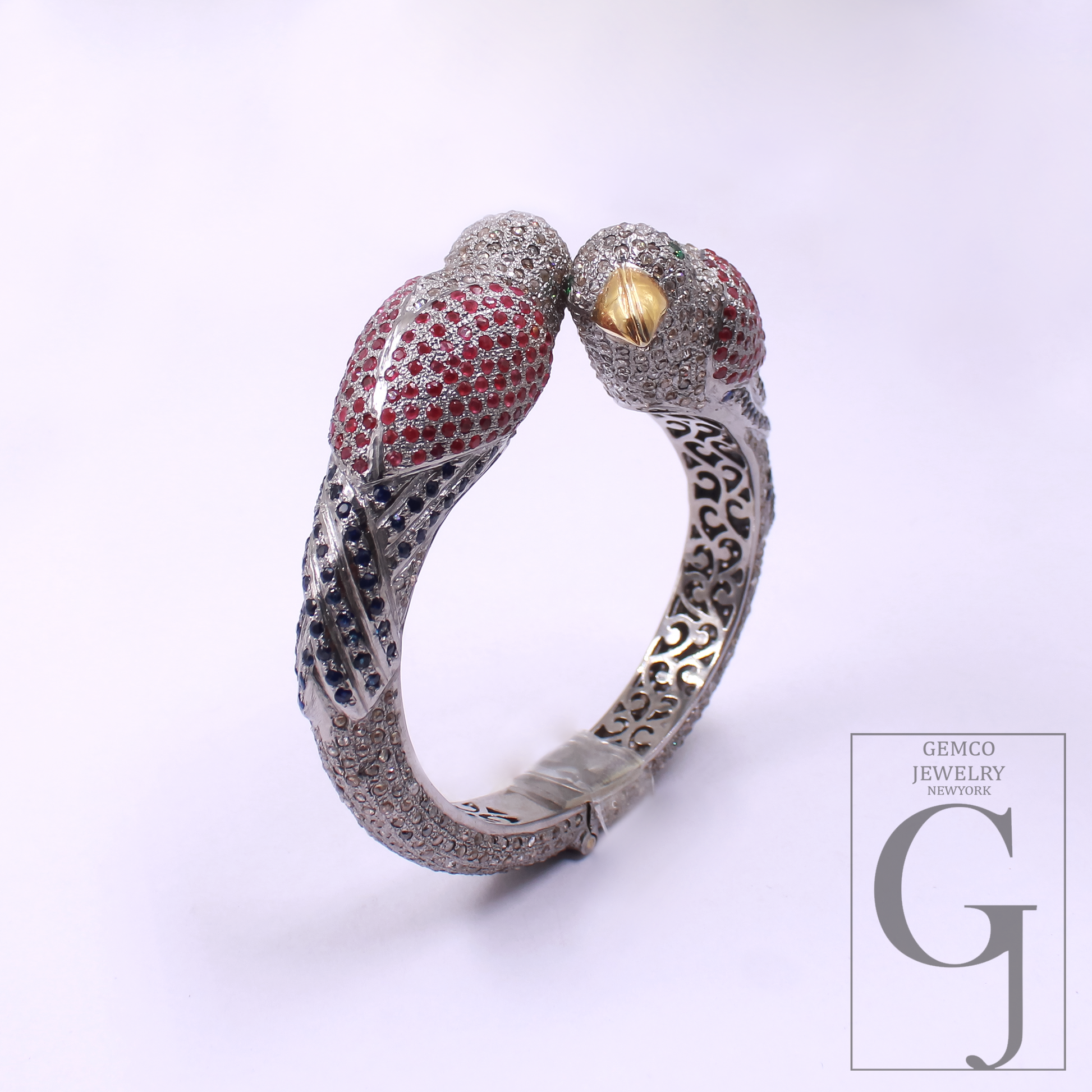 Luxury Parrot Cuff Bracelet, Ruby Diamond Bird Bangle, Exotic Animal Jewelry, Statement Hinged Bracelet Gift for Women