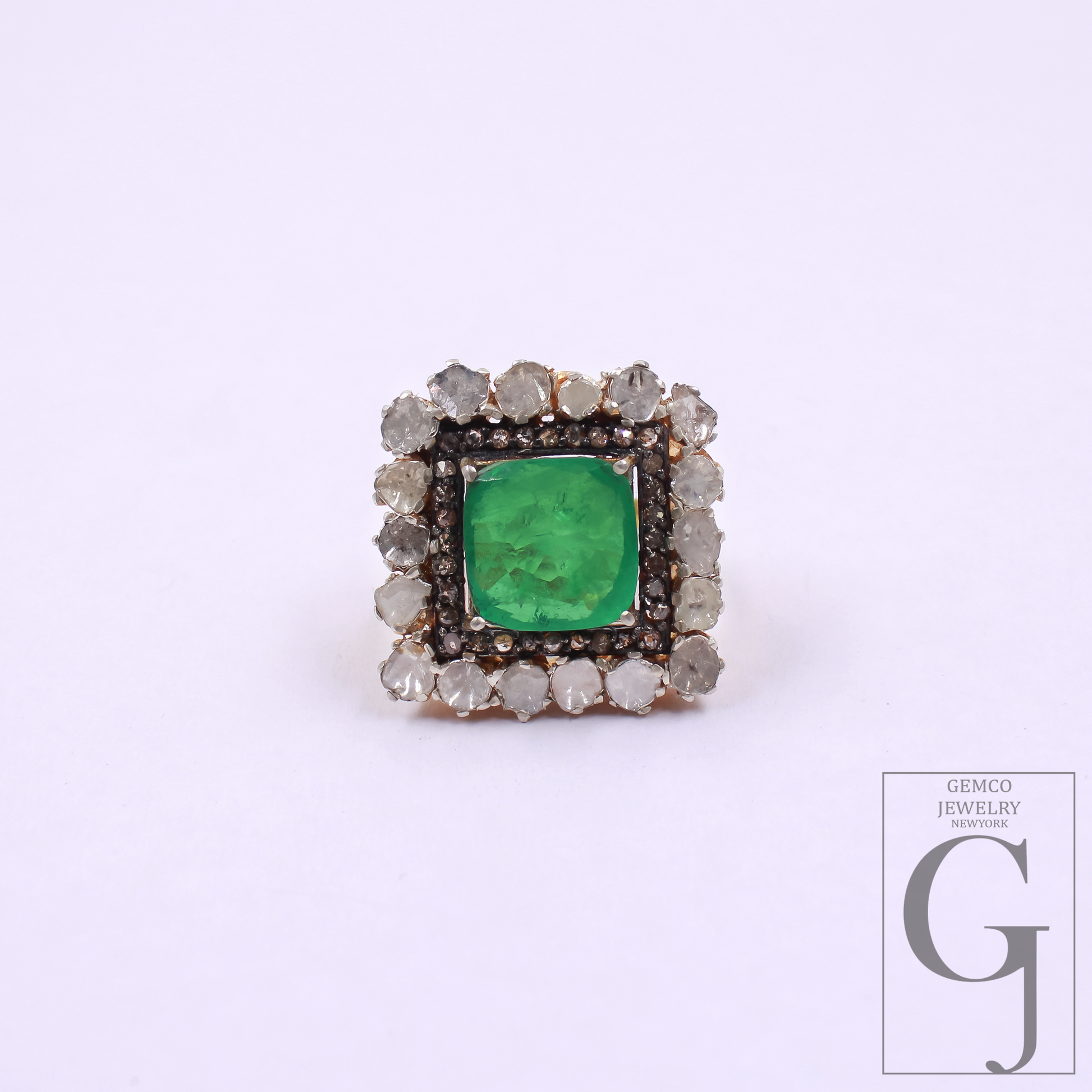 Green Stone And Pokli Diamond Ring With Rosecut Pave Diamonds - Vermeil Gold In 925 Sterling Silver Handmade Jewelry For Wedding