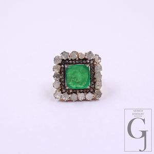 Green Stone And Pokli Diamond Ring With Rosecut Pave Diamonds - Vermeil Gold In 925 Sterling Silver Handmade Jewelry For Wedding