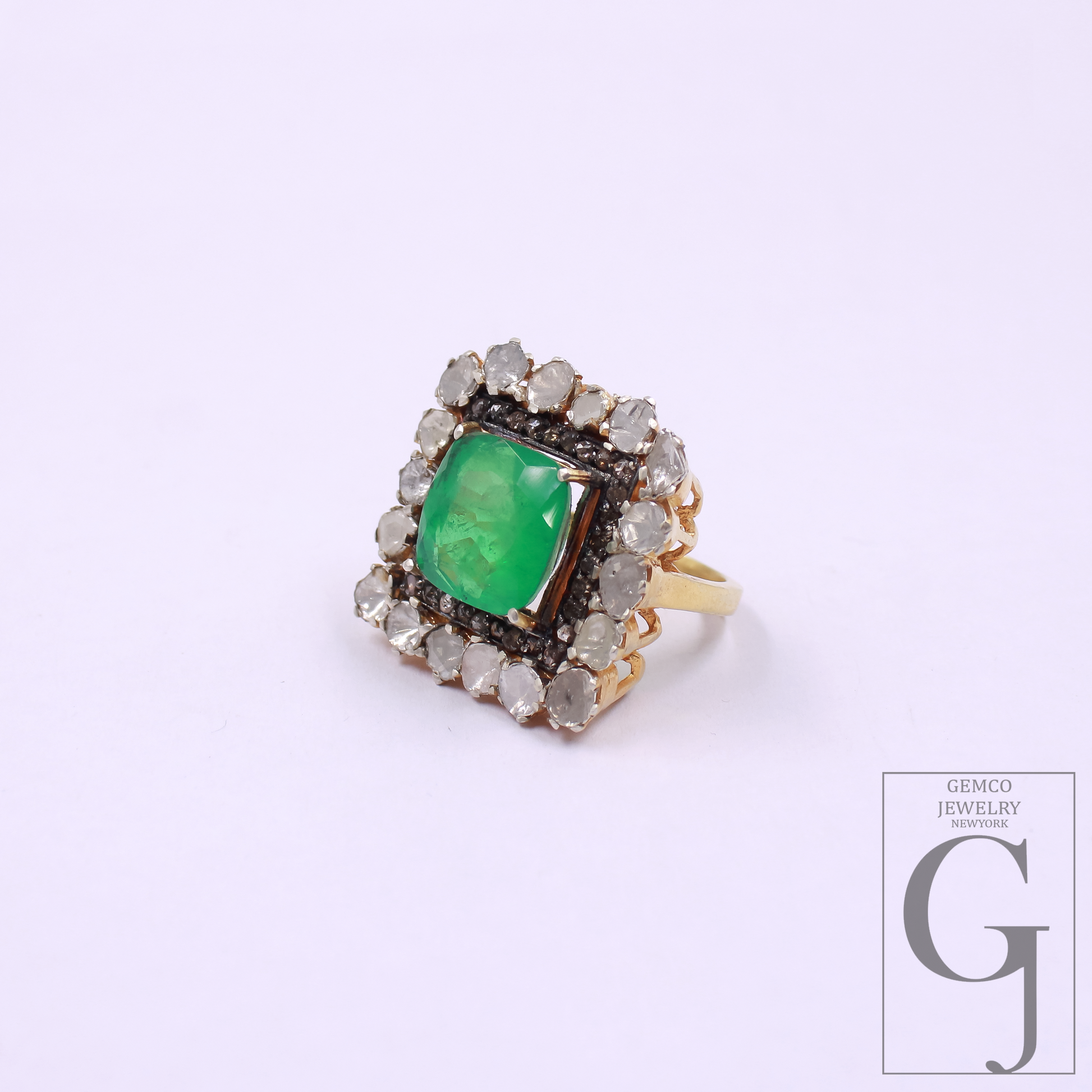 Green Stone And Pokli Diamond Ring With Rosecut Pave Diamonds - Vermeil Gold In 925 Sterling Silver Handmade Jewelry For Wedding