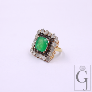 Green Stone And Pokli Diamond Ring With Rosecut Pave Diamonds - Vermeil Gold In 925 Sterling Silver Handmade Jewelry For Wedding