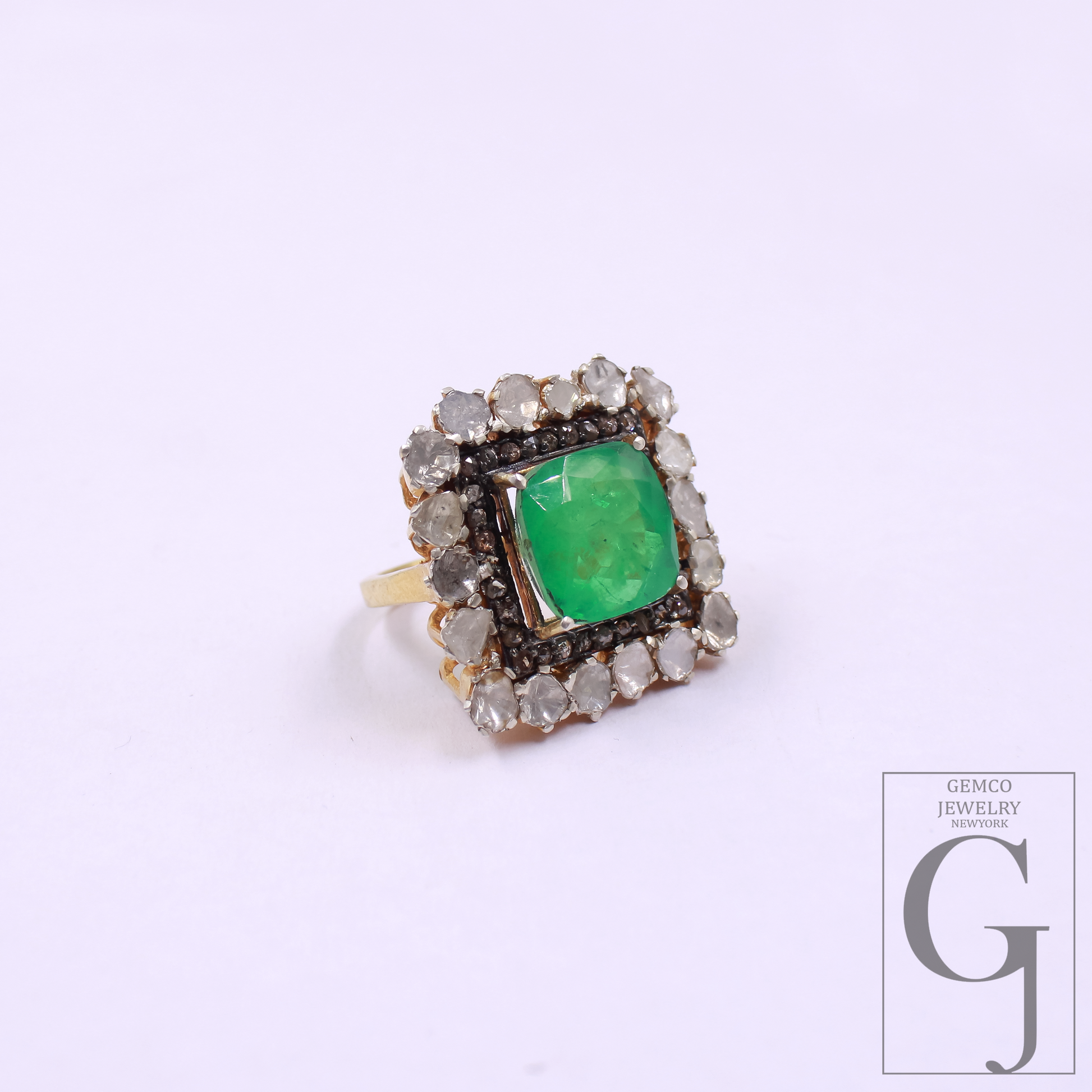 Green Stone And Pokli Diamond Ring With Rosecut Pave Diamonds - Vermeil Gold In 925 Sterling Silver Handmade Jewelry For Wedding