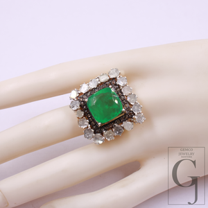 Green Stone And Pokli Diamond Ring With Rosecut Pave Diamonds - Vermeil Gold In 925 Sterling Silver Handmade Jewelry For Wedding