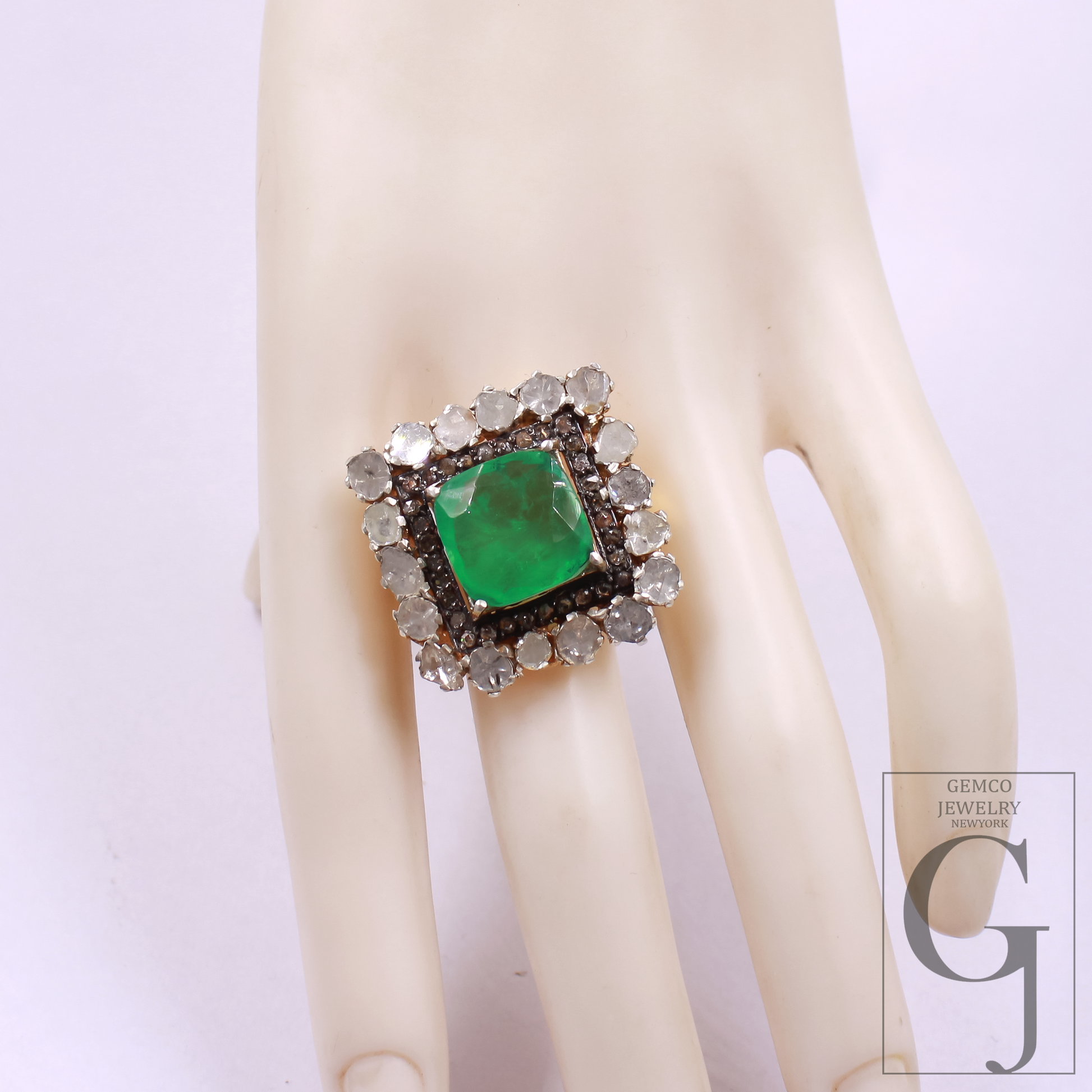 Green Stone And Pokli Diamond Ring With Rosecut Pave Diamonds - Vermeil Gold In 925 Sterling Silver Handmade Jewelry For Wedding