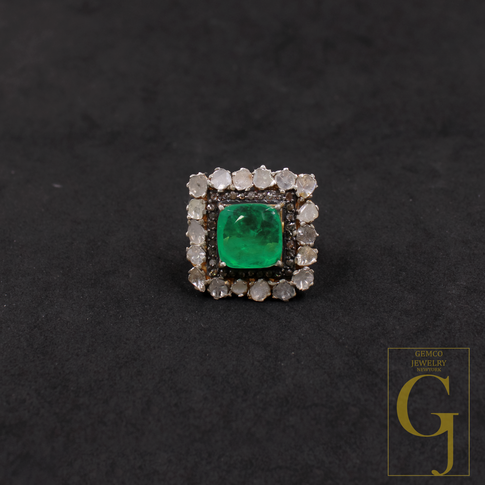 Green Stone And Pokli Diamond Ring With Rosecut Pave Diamonds - Vermeil Gold In 925 Sterling Silver Handmade Jewelry For Wedding