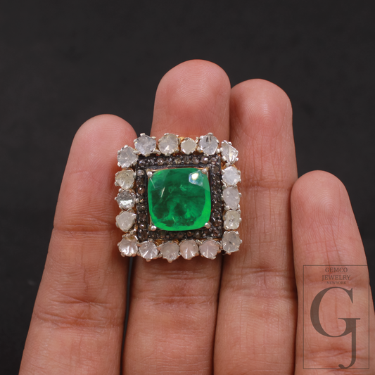 Green Stone And Pokli Diamond Ring With Rosecut Pave Diamonds - Vermeil Gold In 925 Sterling Silver Handmade Jewelry For Wedding