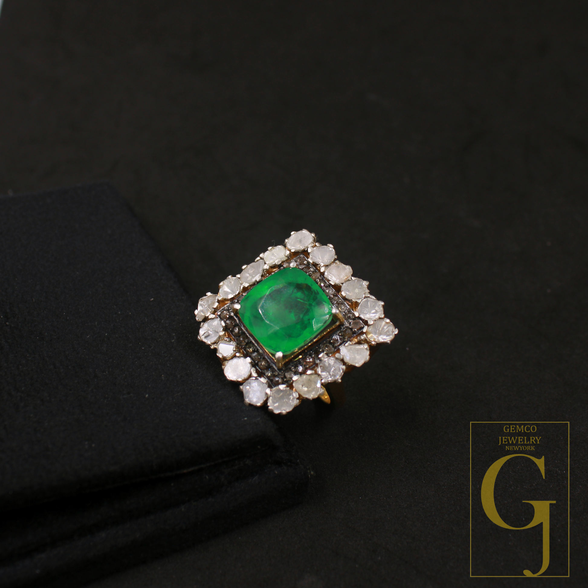 Green Stone And Pokli Diamond Ring With Rosecut Pave Diamonds - Vermeil Gold In 925 Sterling Silver Handmade Jewelry For Wedding