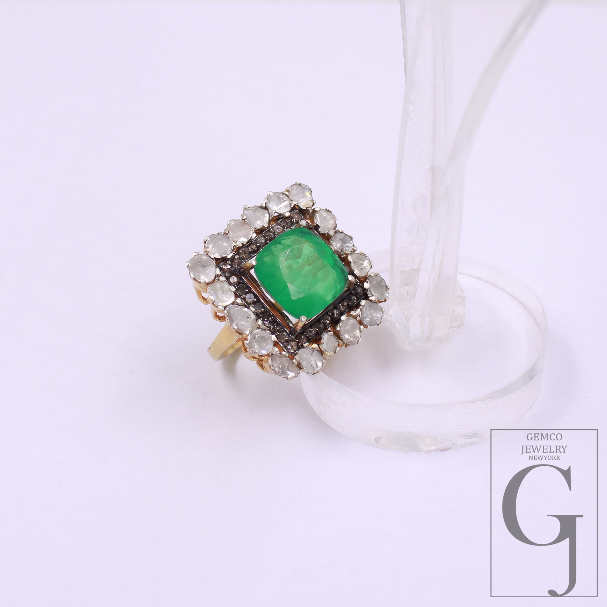 Green Stone And Pokli Diamond Ring With Rosecut Pave Diamonds - Vermeil Gold In 925 Sterling Silver Handmade Jewelry For Wedding