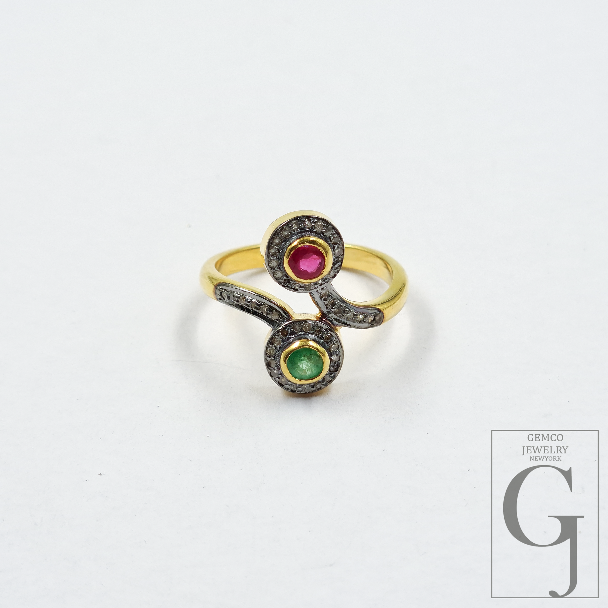 Natural Emerald And Ruby Ring With Pave Diamonds In Vermil Gold – 925 Sterling Silver Handmade Jewelry Ring For Daily Wear