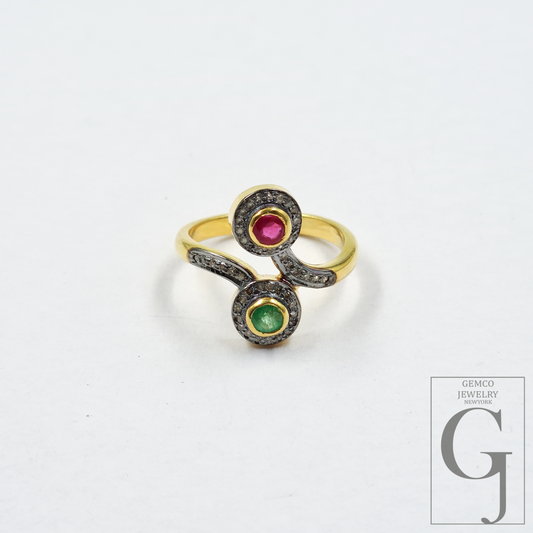 Natural Emerald And Ruby Ring With Pave Diamonds In Vermil Gold – 925 Sterling Silver Handmade Jewelry Ring For Daily Wear