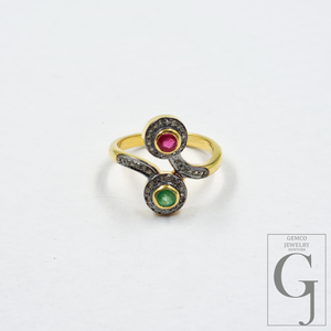 Natural Emerald And Ruby Ring With Pave Diamonds In Vermil Gold – 925 Sterling Silver Handmade Jewelry Ring For Daily Wear
