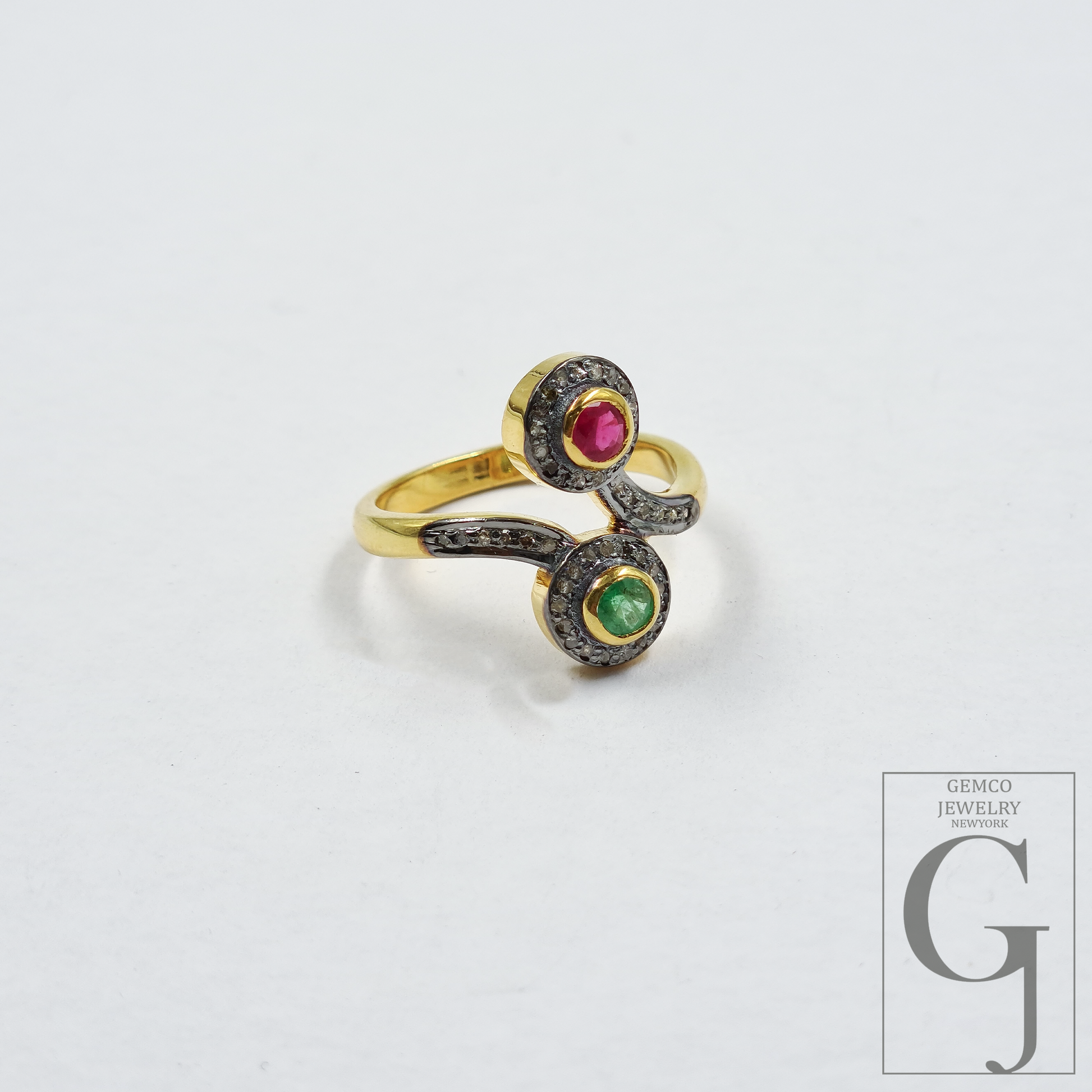 Natural Emerald And Ruby Ring With Pave Diamonds In Vermil Gold – 925 Sterling Silver Handmade Jewelry Ring For Daily Wear