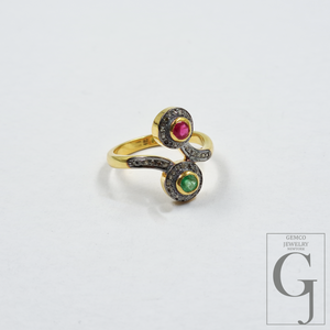 Natural Emerald And Ruby Ring With Pave Diamonds In Vermil Gold – 925 Sterling Silver Handmade Jewelry Ring For Daily Wear