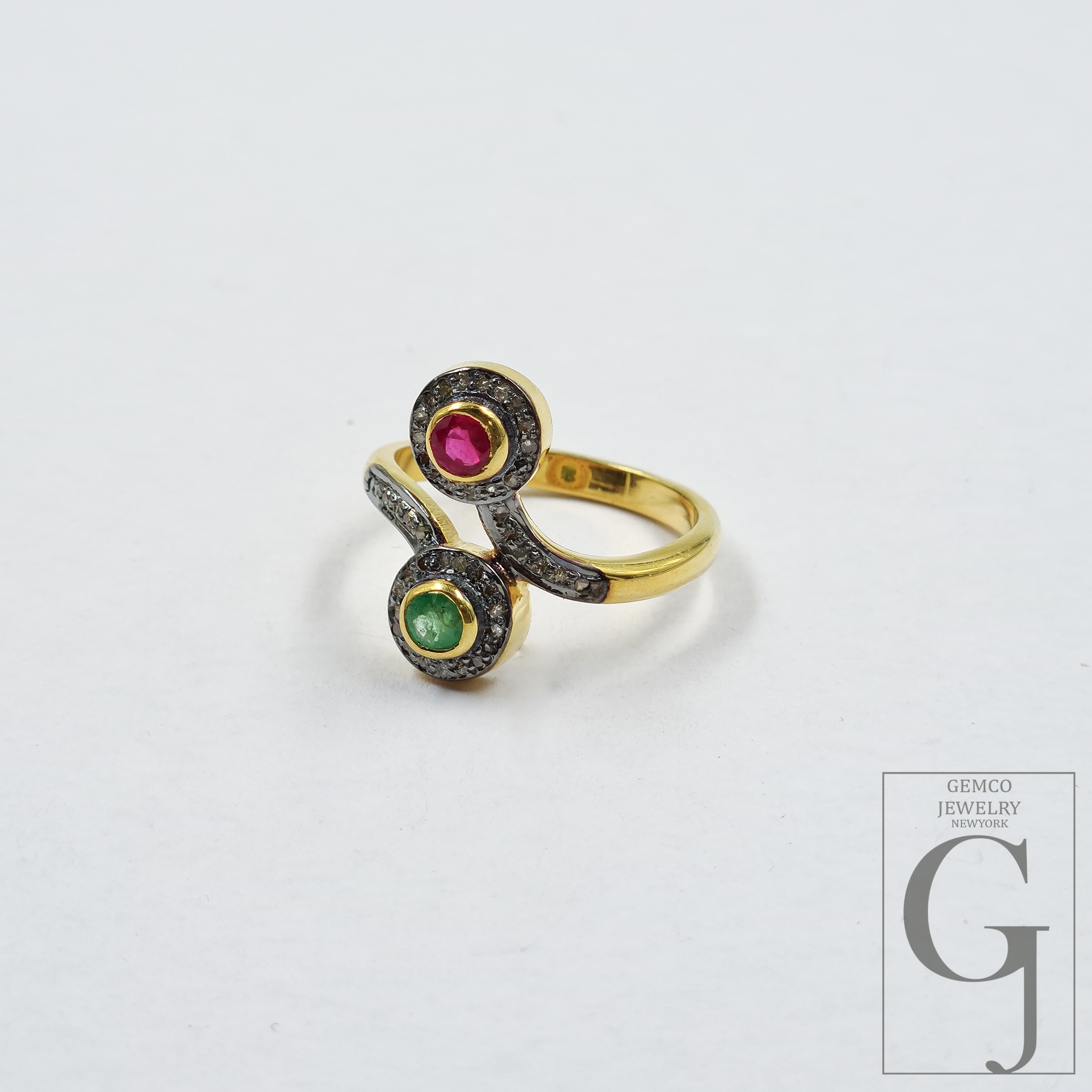 Natural Emerald And Ruby Ring With Pave Diamonds In Vermil Gold – 925 Sterling Silver Handmade Jewelry Ring For Daily Wear