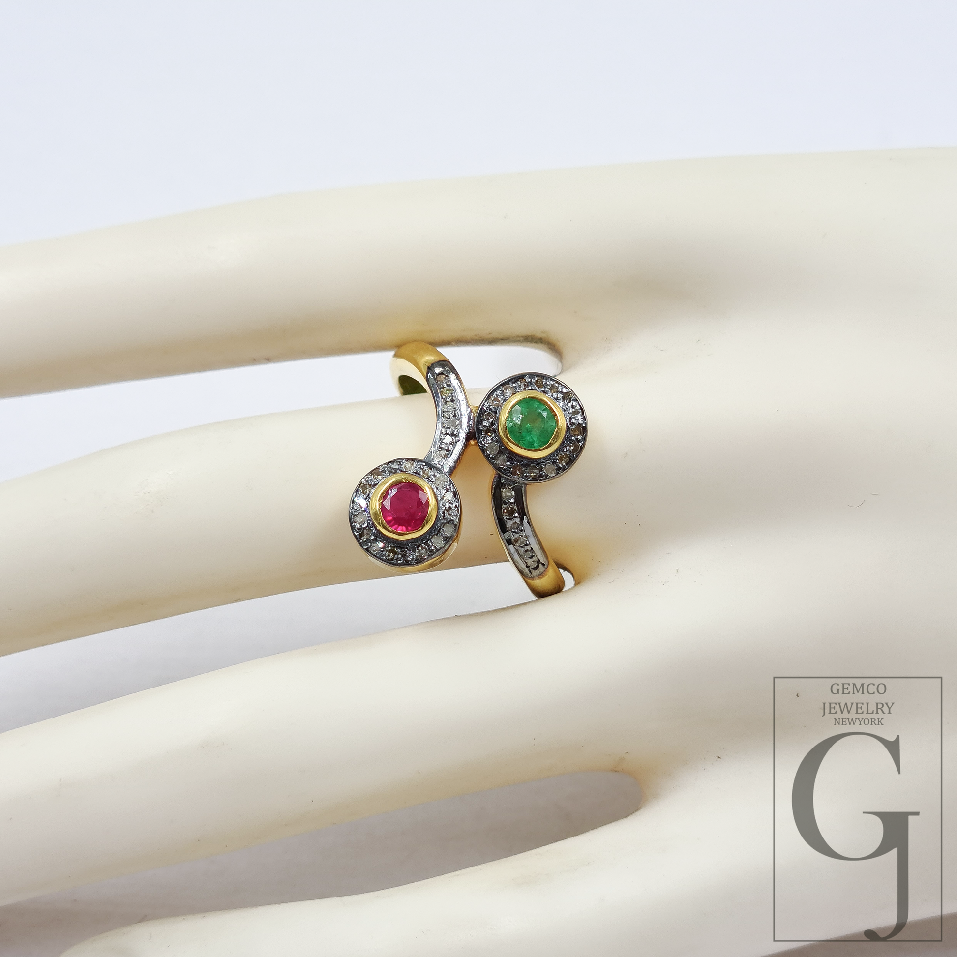 Natural Emerald And Ruby Ring With Pave Diamonds In Vermil Gold – 925 Sterling Silver Handmade Jewelry Ring For Daily Wear