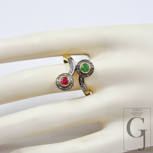 Natural Emerald And Ruby Ring With Pave Diamonds In Vermil Gold – 925 Sterling Silver Handmade Jewelry Ring For Daily Wear