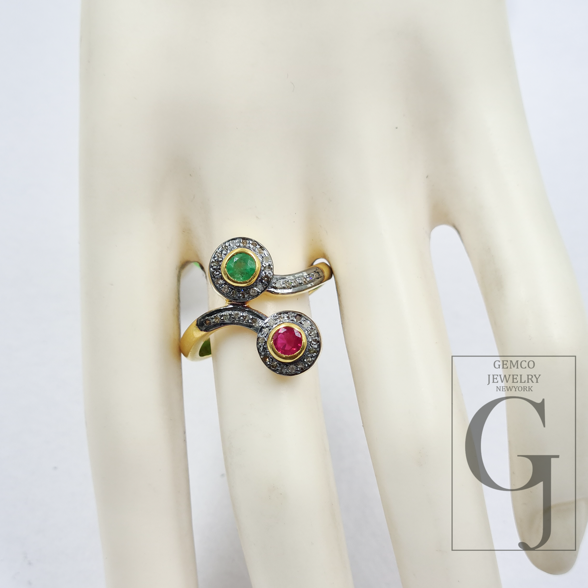 Natural Emerald And Ruby Ring With Pave Diamonds In Vermil Gold – 925 Sterling Silver Handmade Jewelry Ring For Daily Wear