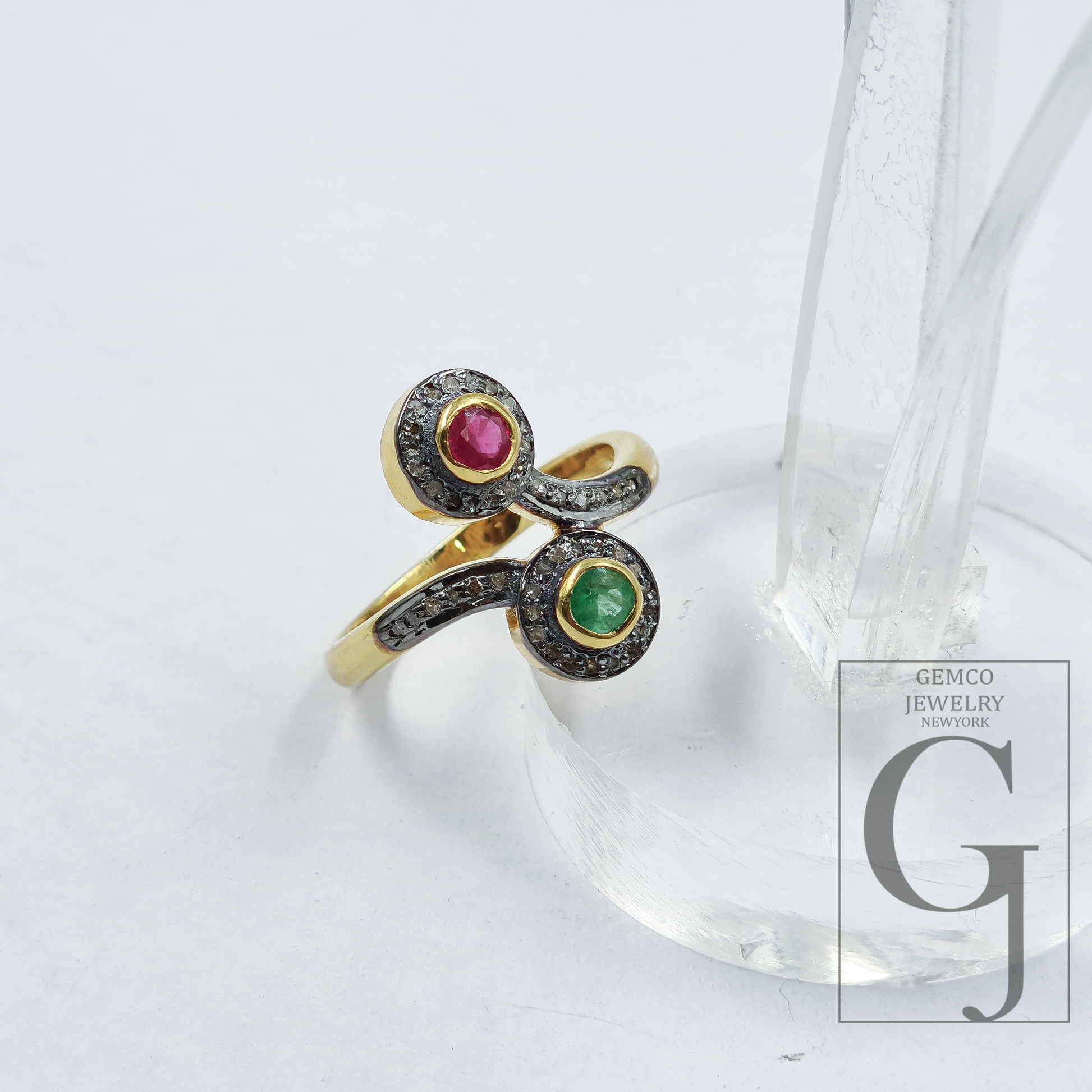 Natural Emerald And Ruby Ring With Pave Diamonds In Vermil Gold – 925 Sterling Silver Handmade Jewelry Ring For Daily Wear