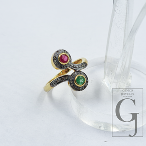 Natural Emerald And Ruby Ring With Pave Diamonds In Vermil Gold – 925 Sterling Silver Handmade Jewelry Ring For Daily Wear