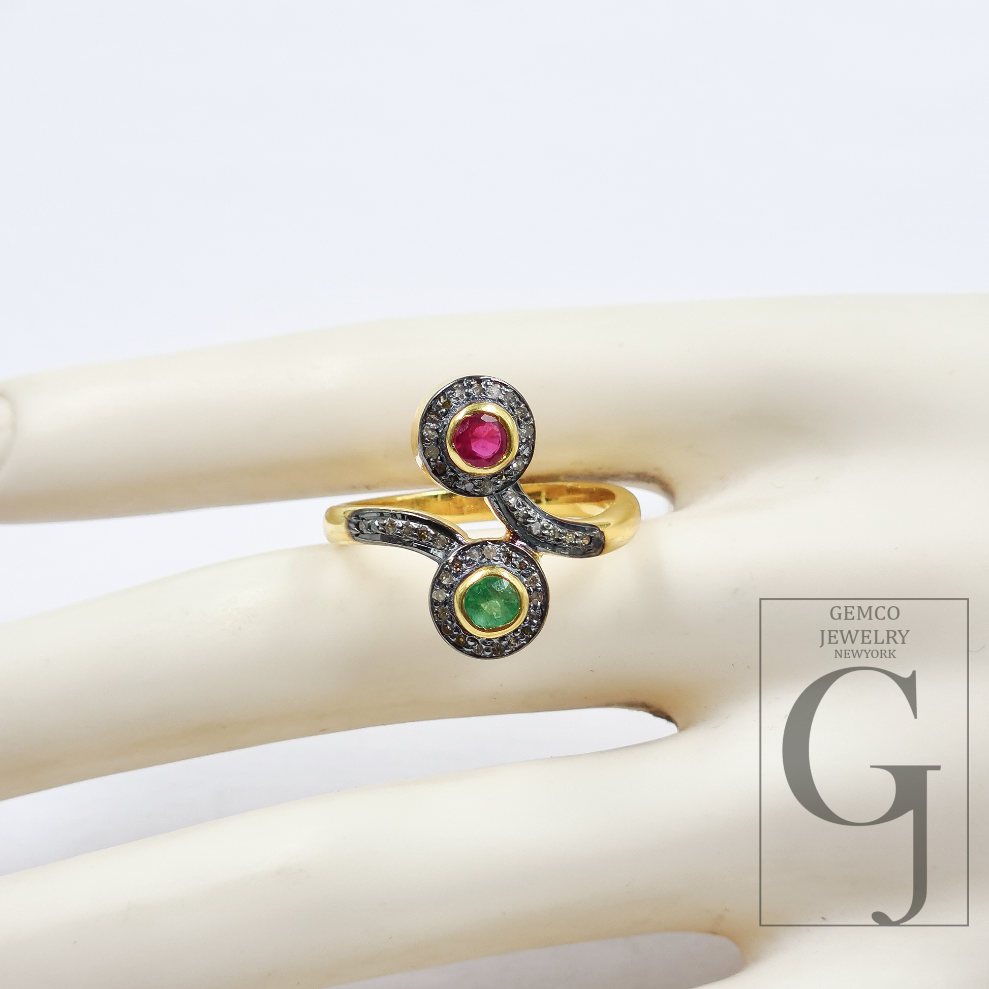 Natural Emerald And Ruby Ring With Pave Diamonds In Vermil Gold – 925 Sterling Silver Handmade Jewelry Ring For Daily Wear