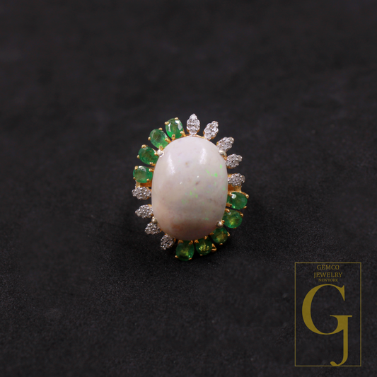 Natural Emerald And Ethiopian Opal Ring With Rosecut Pave Diamonds - Vermeil Gold In 925 Sterling Silver Handmade Jewelry For Wedding