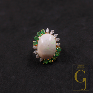 Natural Emerald And Ethiopian Opal Ring With Rosecut Pave Diamonds - Vermeil Gold In 925 Sterling Silver Handmade Jewelry For Wedding
