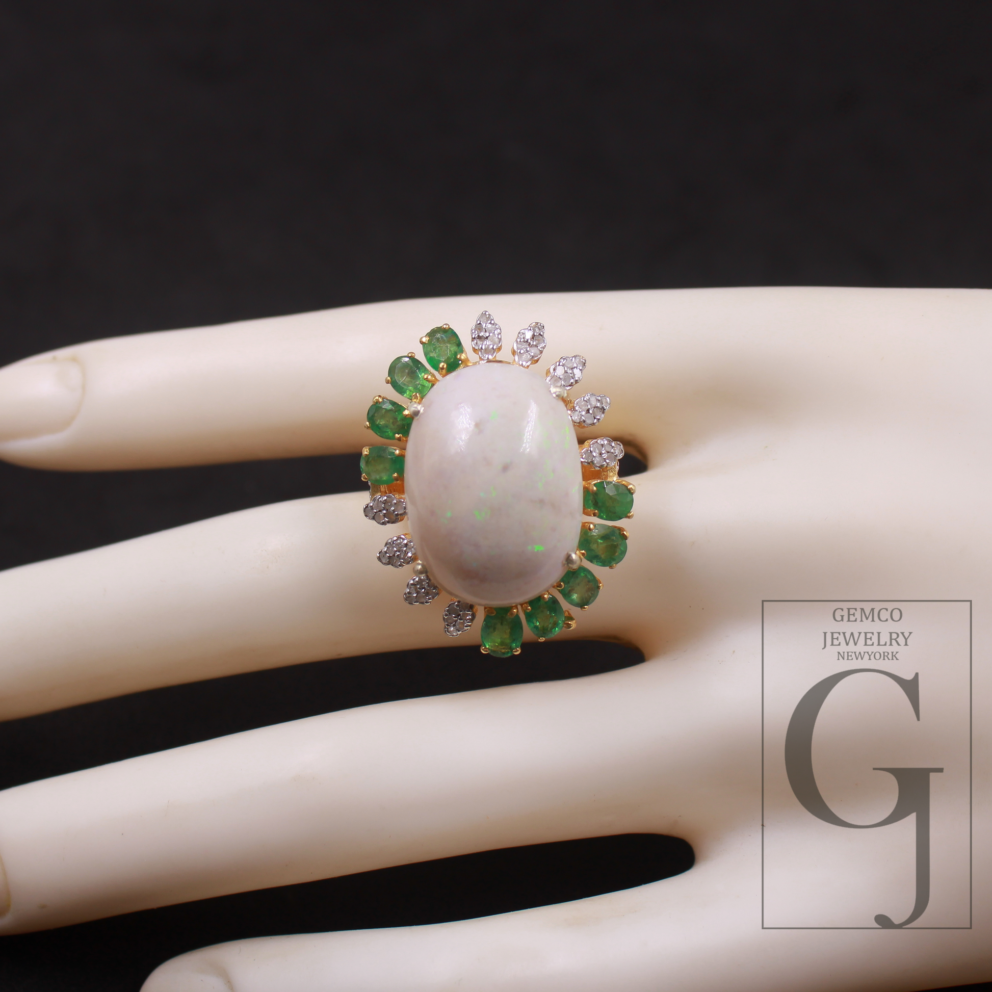 Natural Emerald And Ethiopian Opal Ring With Rosecut Pave Diamonds - Vermeil Gold In 925 Sterling Silver Handmade Jewelry For Wedding
