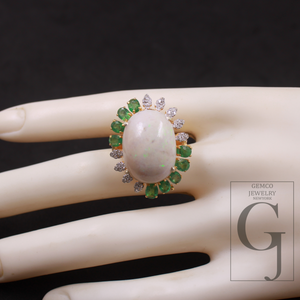Natural Emerald And Ethiopian Opal Ring With Rosecut Pave Diamonds - Vermeil Gold In 925 Sterling Silver Handmade Jewelry For Wedding