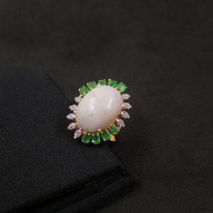 Natural Emerald And Ethiopian Opal Ring With Rosecut Pave Diamonds - Vermeil Gold In 925 Sterling Silver Handmade Jewelry For Wedding