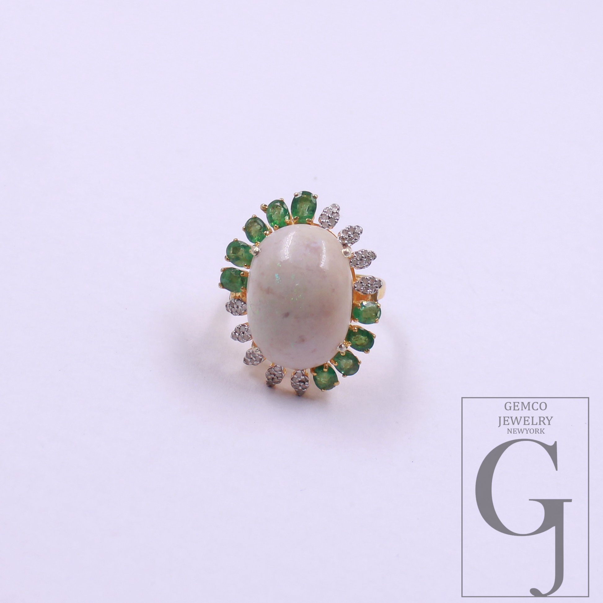 Natural Emerald And Ethiopian Opal Ring With Rosecut Pave Diamonds - Vermeil Gold In 925 Sterling Silver Handmade Jewelry For Wedding