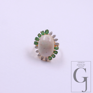 Natural Emerald And Ethiopian Opal Ring With Rosecut Pave Diamonds - Vermeil Gold In 925 Sterling Silver Handmade Jewelry For Wedding