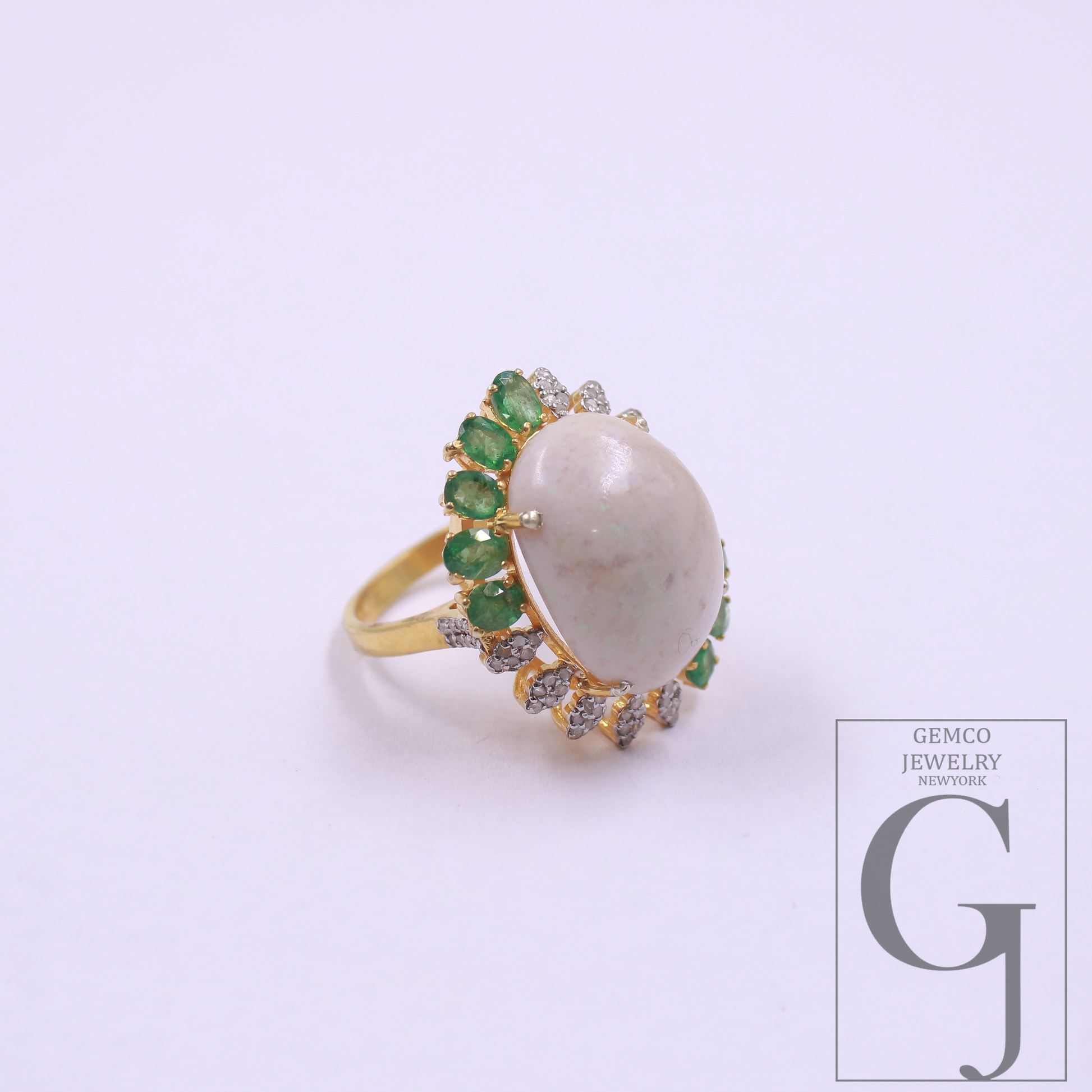 Natural Emerald And Ethiopian Opal Ring With Rosecut Pave Diamonds - Vermeil Gold In 925 Sterling Silver Handmade Jewelry For Wedding