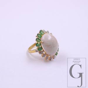 Natural Emerald And Ethiopian Opal Ring With Rosecut Pave Diamonds - Vermeil Gold In 925 Sterling Silver Handmade Jewelry For Wedding