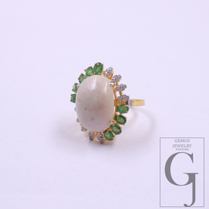Natural Emerald And Ethiopian Opal Ring With Rosecut Pave Diamonds - Vermeil Gold In 925 Sterling Silver Handmade Jewelry For Wedding