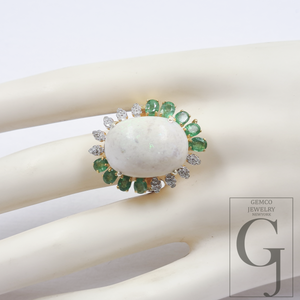 Natural Emerald And Ethiopian Opal Ring With Rosecut Pave Diamonds - Vermeil Gold In 925 Sterling Silver Handmade Jewelry For Wedding