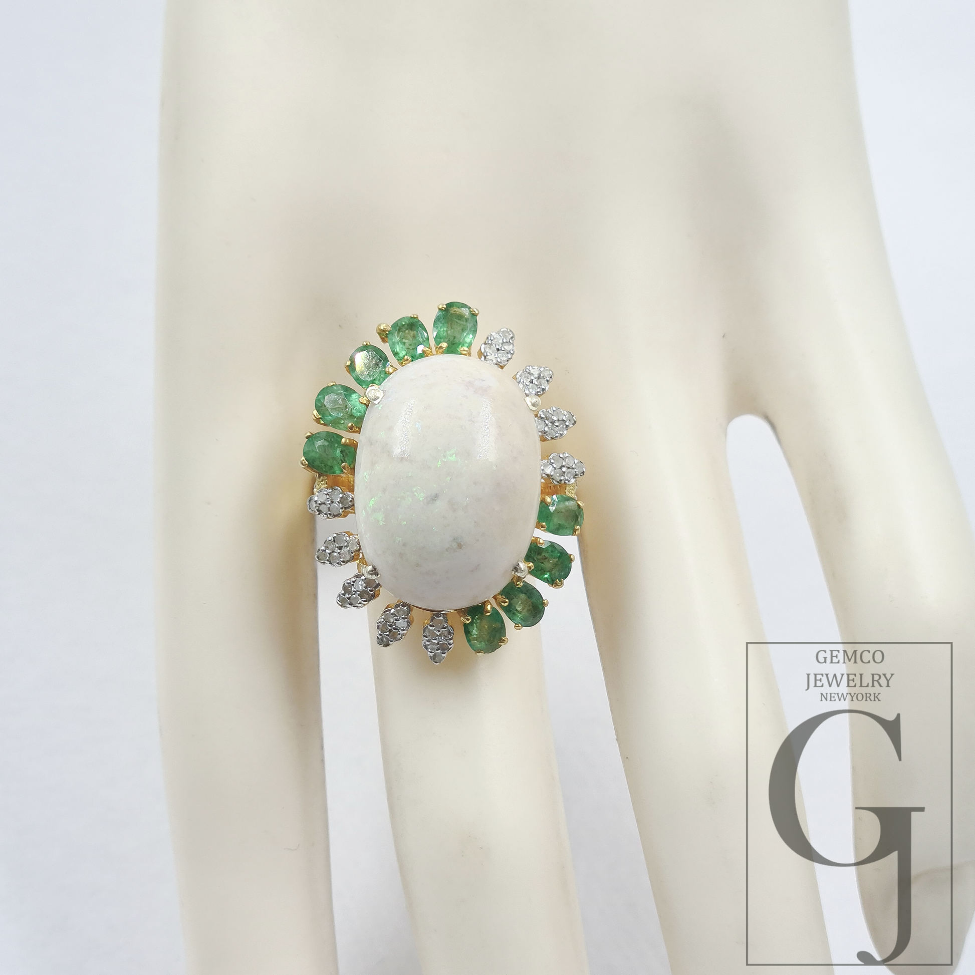 Natural Emerald And Ethiopian Opal Ring With Rosecut Pave Diamonds - Vermeil Gold In 925 Sterling Silver Handmade Jewelry For Wedding
