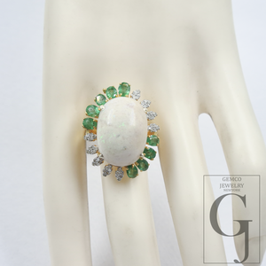 Natural Emerald And Ethiopian Opal Ring With Rosecut Pave Diamonds - Vermeil Gold In 925 Sterling Silver Handmade Jewelry For Wedding