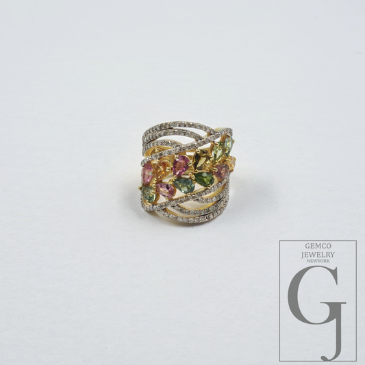 Natural Multi Tourmaline Ring With Rosecut Pave Diamonds - Vermeil Gold In 925 Sterling Silver Handmade Jewelry For Her