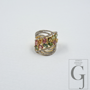 Natural Multi Tourmaline Ring With Rosecut Pave Diamonds - Vermeil Gold In 925 Sterling Silver Handmade Jewelry For Her