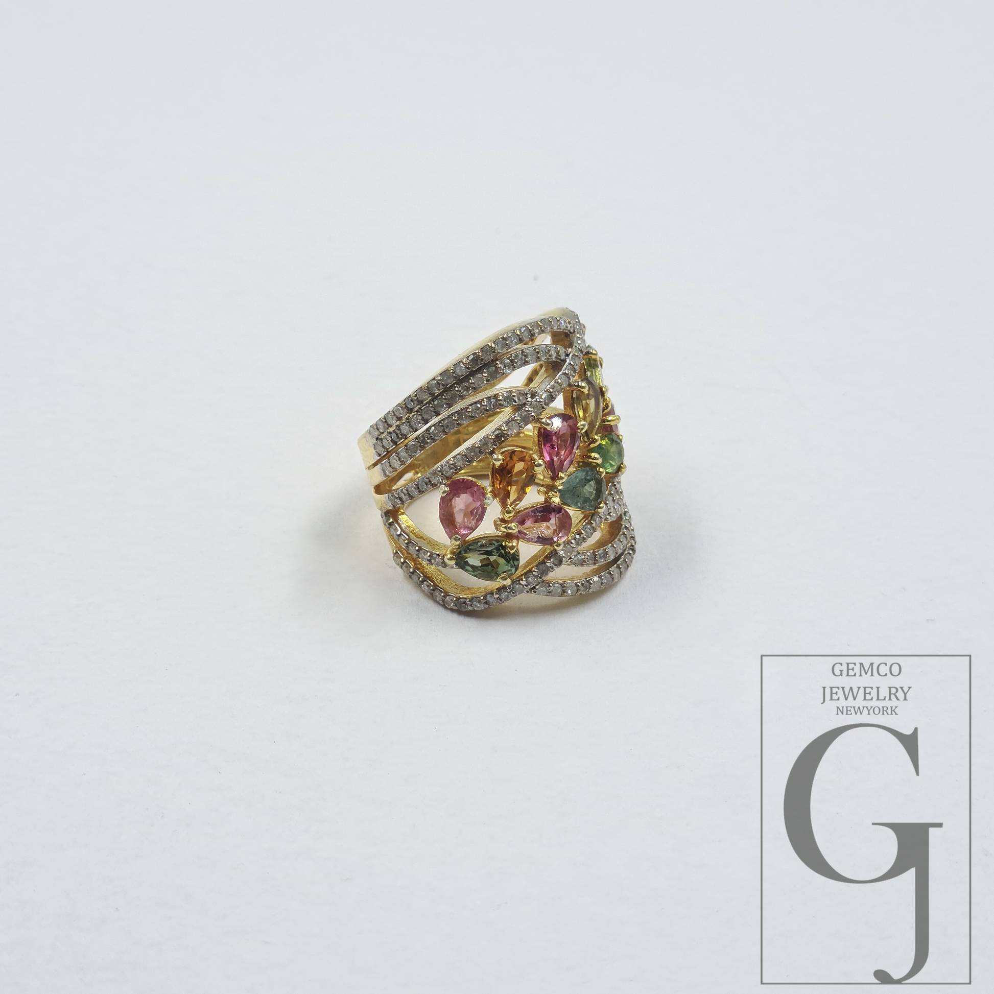 Natural Multi Tourmaline Ring With Rosecut Pave Diamonds - Vermeil Gold In 925 Sterling Silver Handmade Jewelry For Her