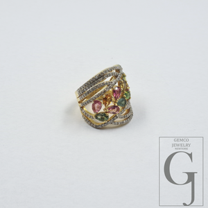 Natural Multi Tourmaline Ring With Rosecut Pave Diamonds - Vermeil Gold In 925 Sterling Silver Handmade Jewelry For Her