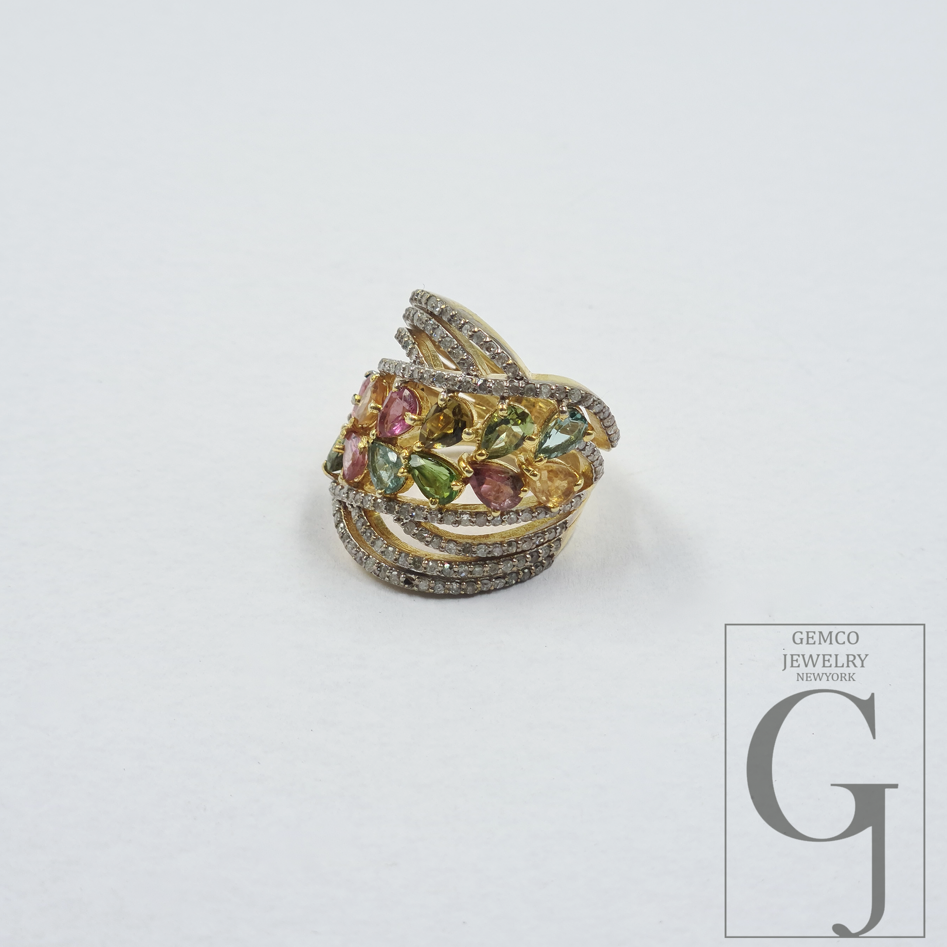 Natural Multi Tourmaline Ring With Rosecut Pave Diamonds - Vermeil Gold In 925 Sterling Silver Handmade Jewelry For Her