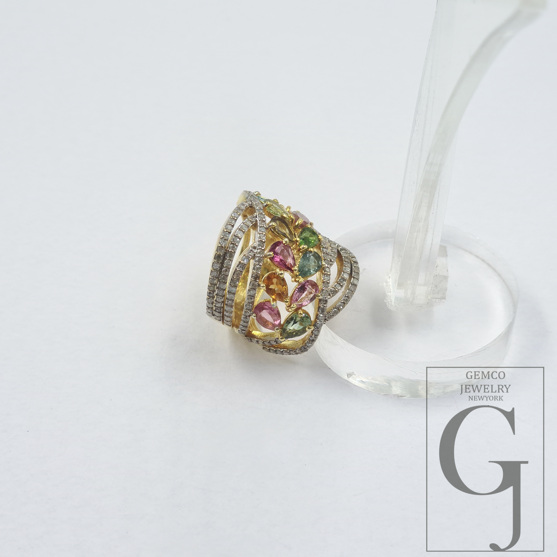 Natural Multi Tourmaline Ring With Rosecut Pave Diamonds - Vermeil Gold In 925 Sterling Silver Handmade Jewelry For Her
